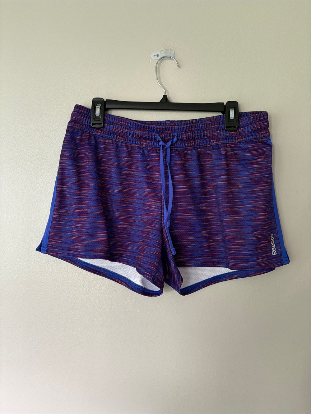 Reebok Women's Purple and Blue Space-Dye Drawstring Athletic Shorts Side Stripe